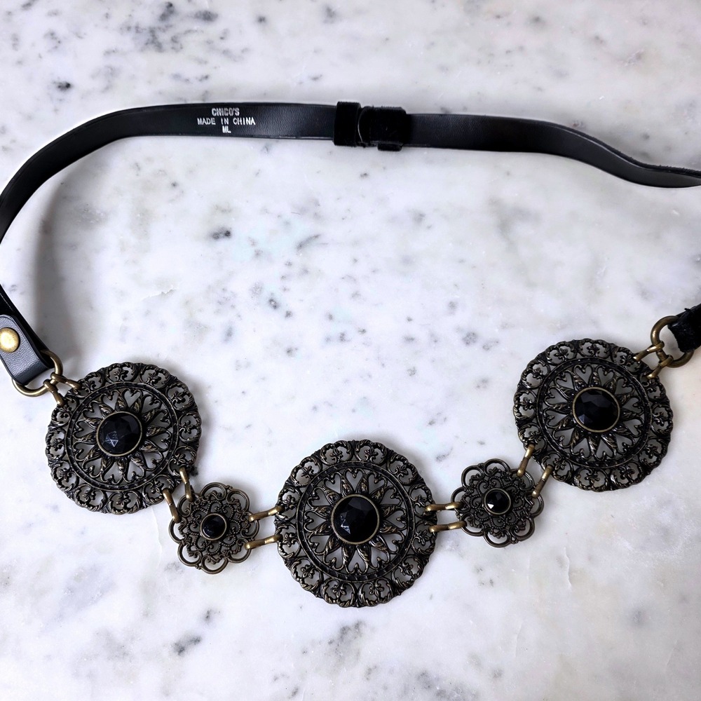 Chicos Womens Black Medallion Filigree Waist Belt Bronze Stone M/L Suede Y2K
